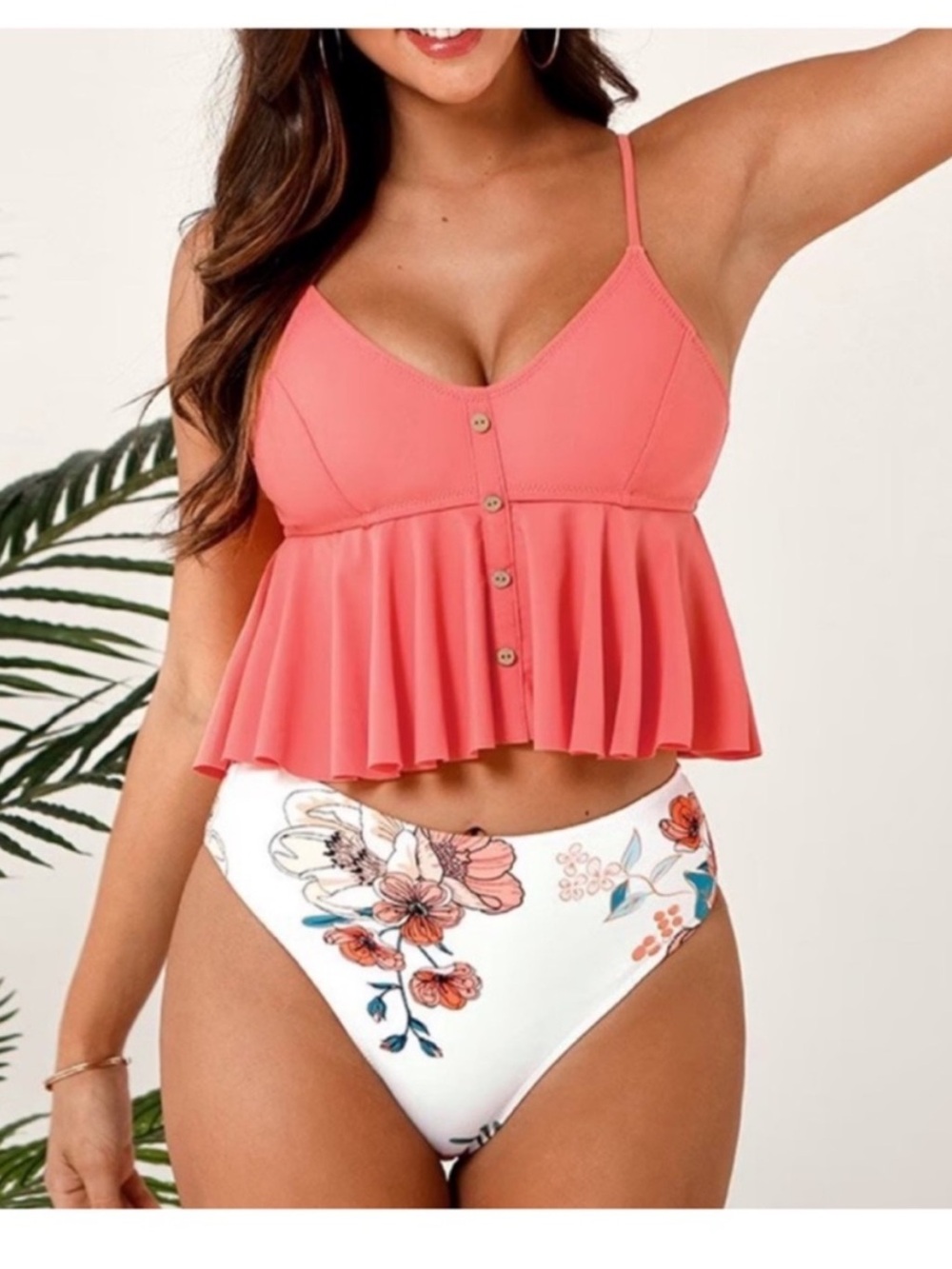 CUPSHE Pink Ruffle Tankini Floral High Waisted Two Piece Set Swimwear NWT Sz XS